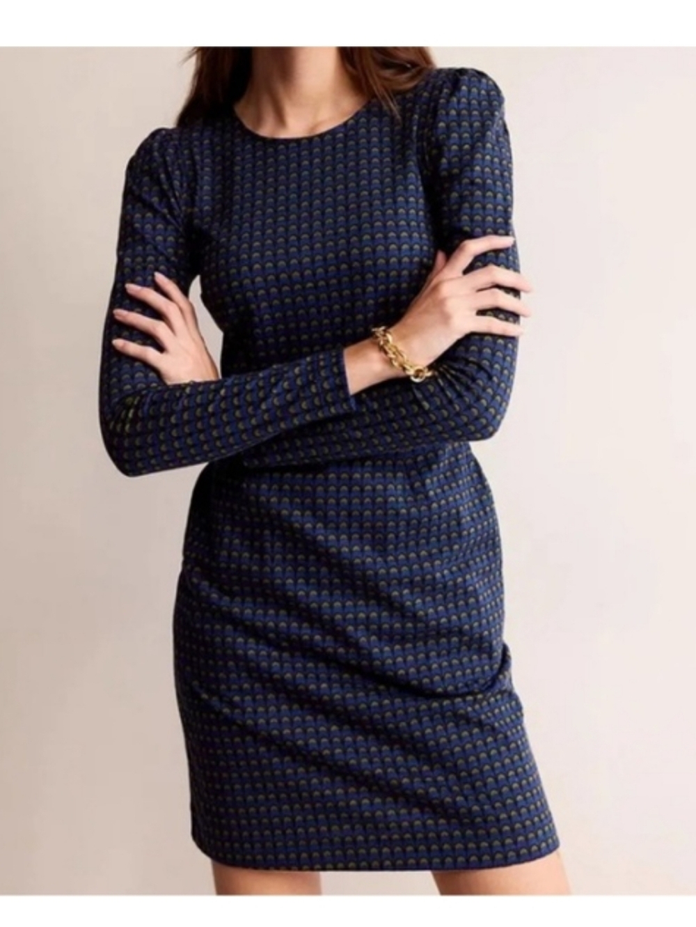 Boden Penelope Navy Long-Sleeve Patterned Sheath Dress